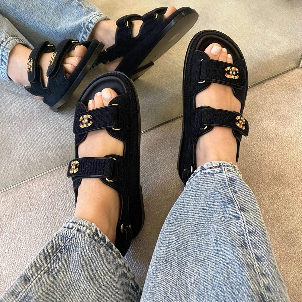 CHANEL Dad Sandals CC brooch logo quilted velour size 38